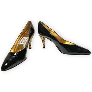 New Timothy Hitsman Black Patent Leather & Gold 3.5” Twist Heel - Size 8.5